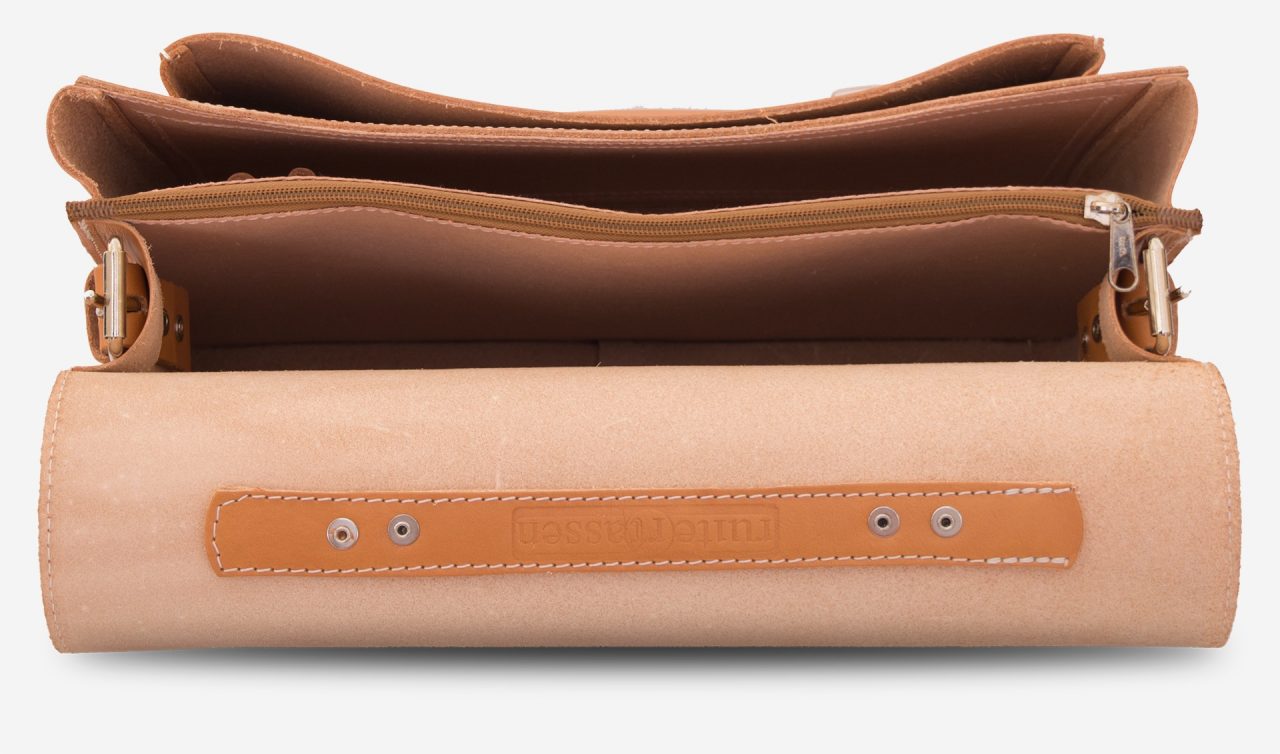 Inside view of the student tan leather satchel with 2 compartments.