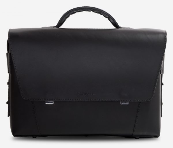 Front view of the black vegetable-tanned leather briefcase bag with laptop pocket.