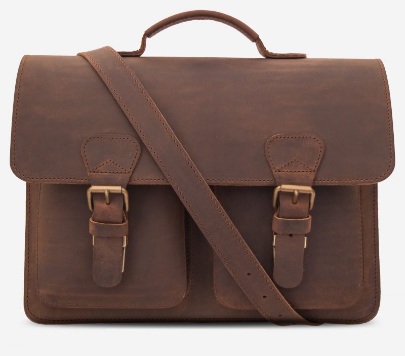 Front view of the brown leather satchel briefcase with a shoulder strap.