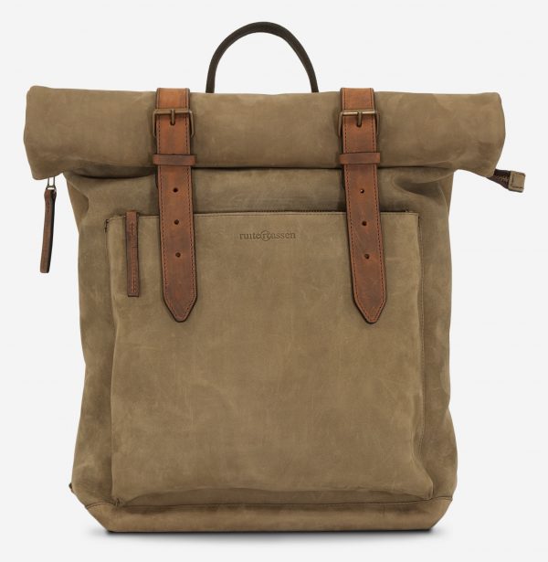 Front of the roll-top soft leather backpack.