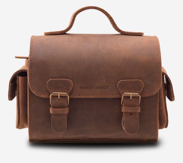 Front view of handmade brown leather camera bag 733104.