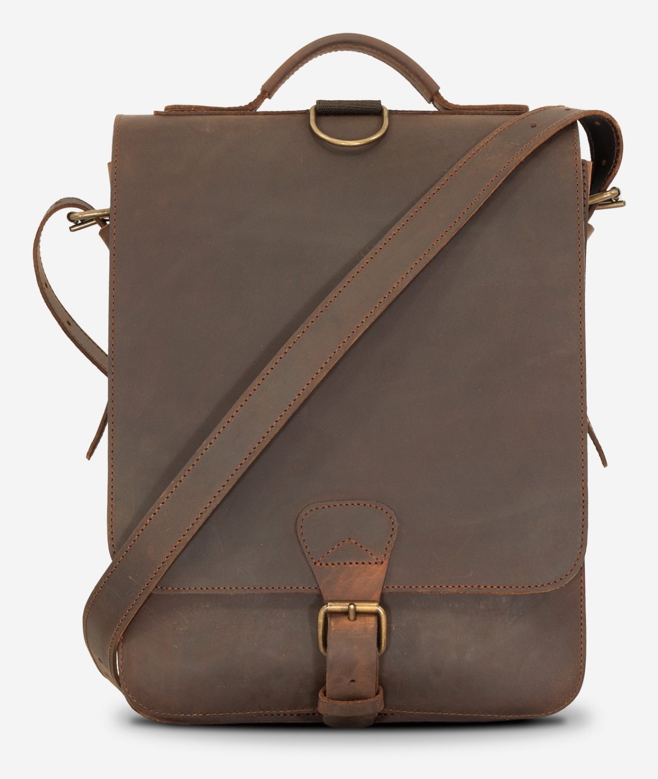 Front view of the vegetable-tanned brown leather backpack with shoulder belt.
