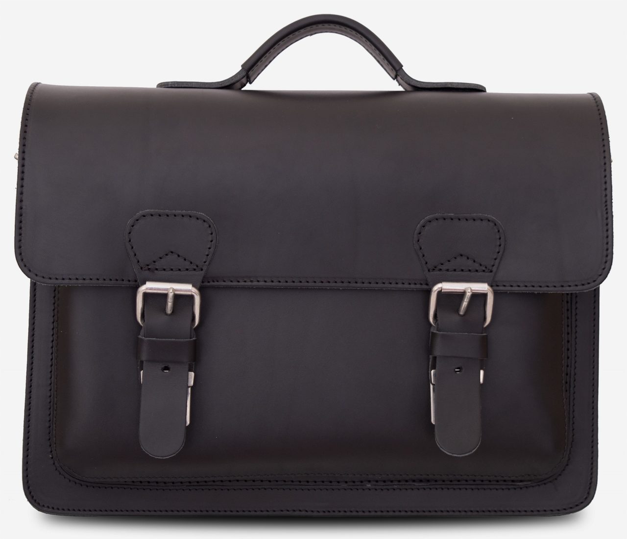 Front view of full-grain black leather briefcase with one compartment 112103.