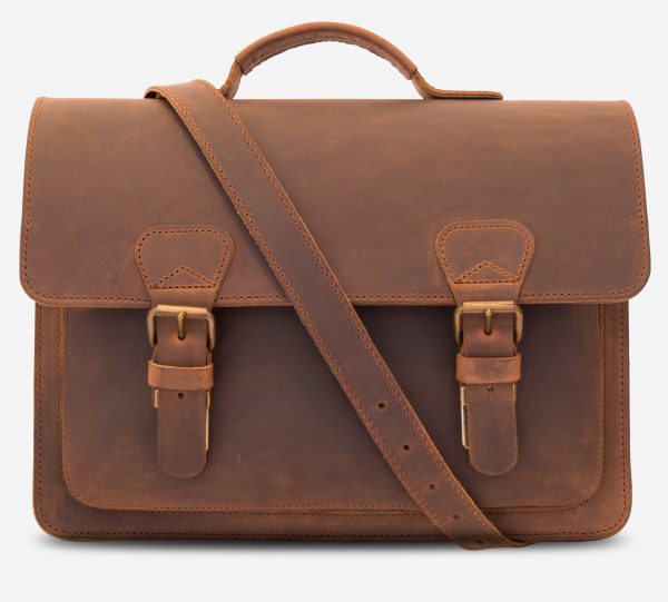 Front view of the vintage brown leather briefcase with shoulder strap.