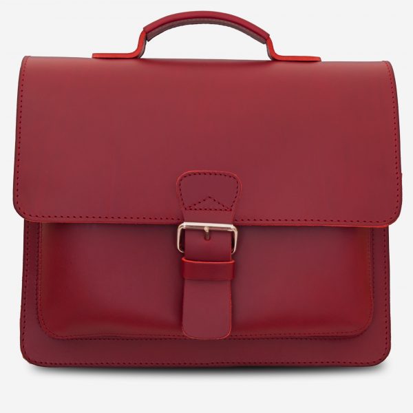 Front view of red leather briefcase with single compartment and large front pocket for women - 152141.