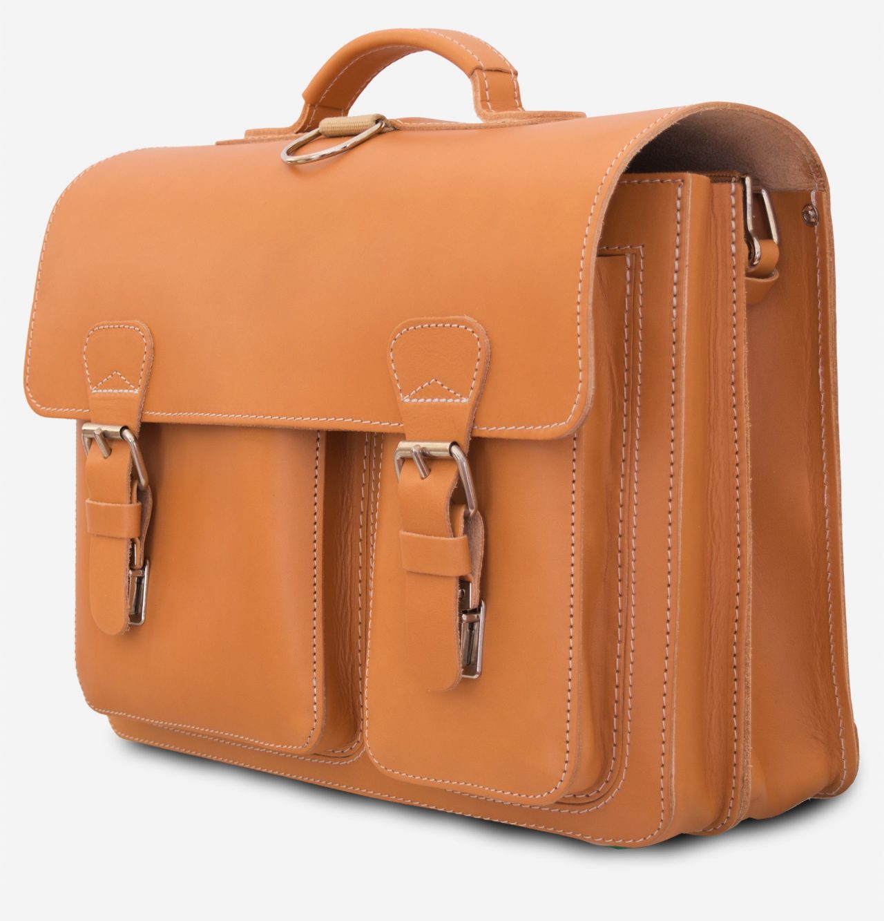 Side view of tan leather satchel with 2 compartments and 2 front asymmetric pockets.