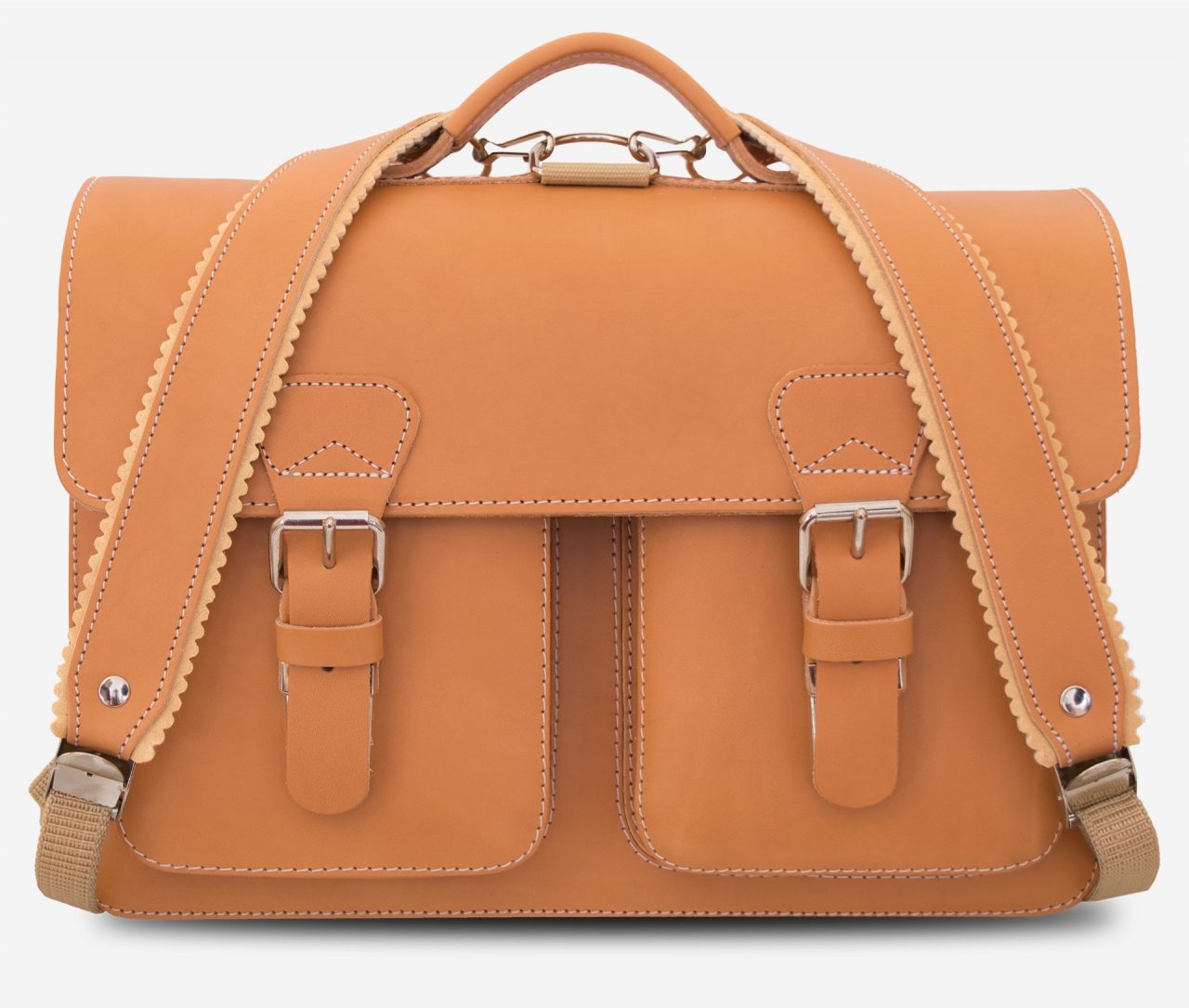 Front view of tan leather backpack satchel fitted with shoulder straps.