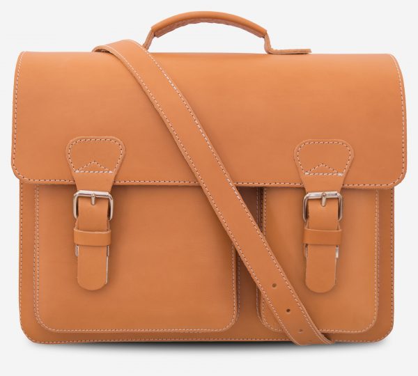 Front view of the tan leather satchel with leather shoulder strap