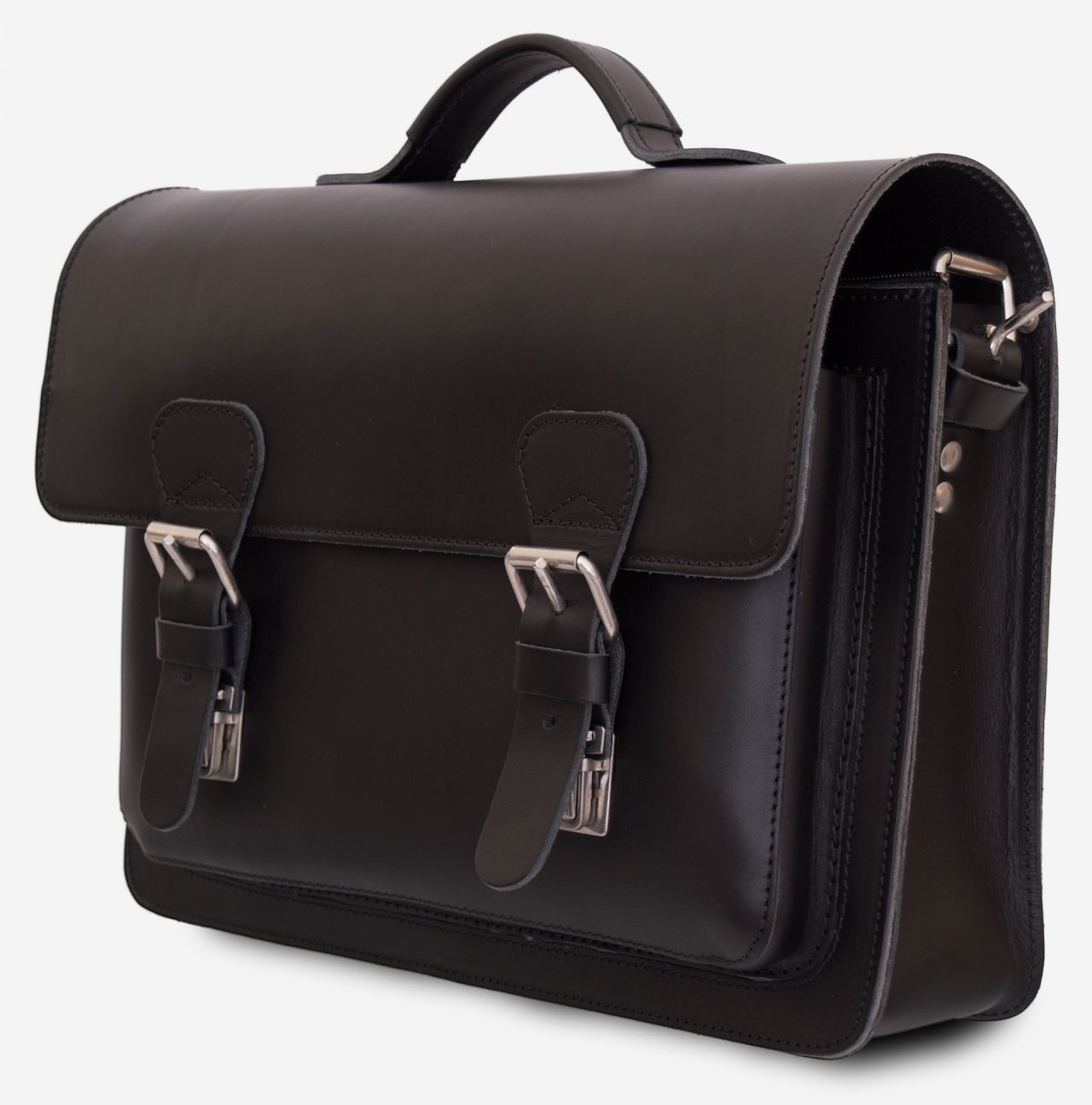 Front view of black leather briefcase with one compartment 112103.
