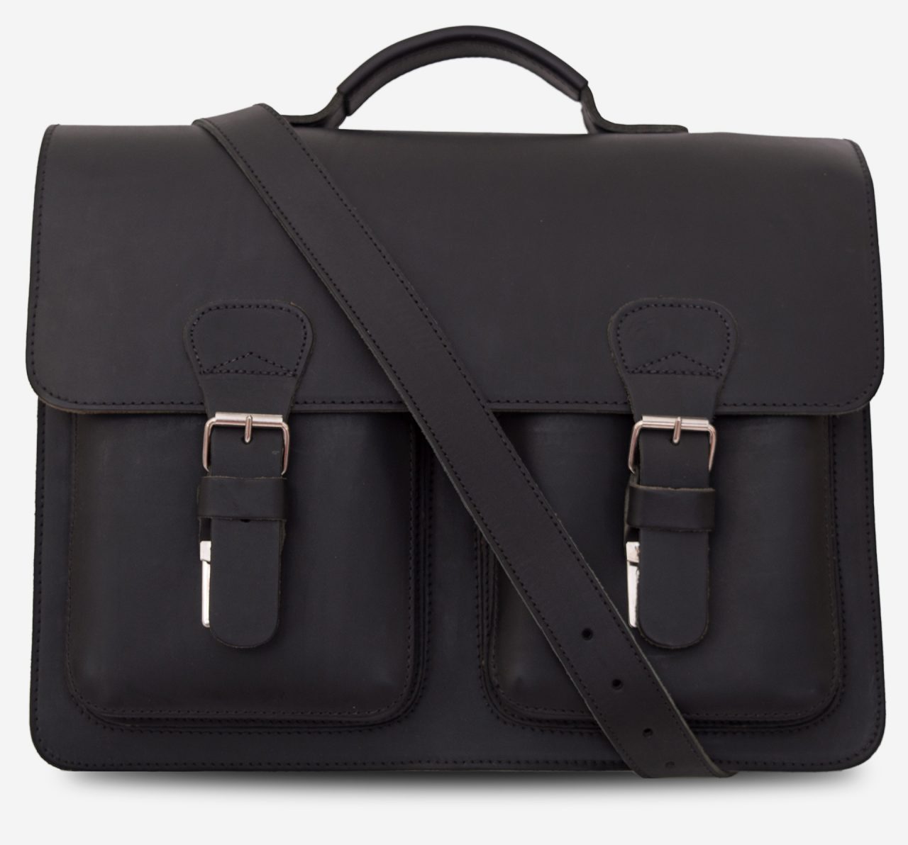 Front view of black leather satchel briefcase with front pockets and shoulder strap 112131.