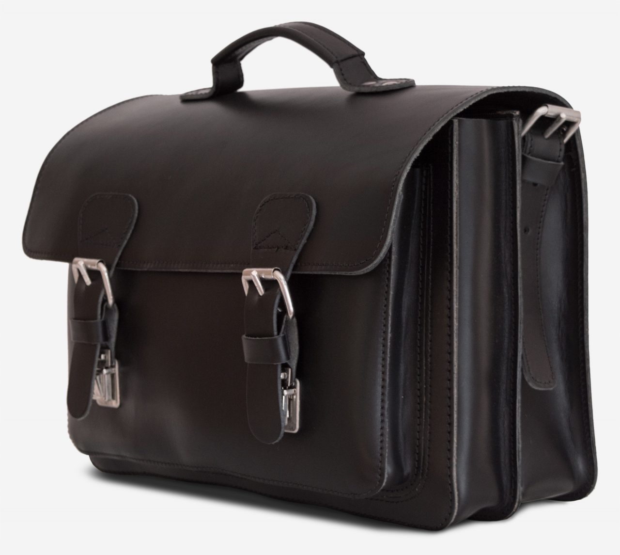 Side view of black leather student satchel with 2 gussets and large front pocket 112140.