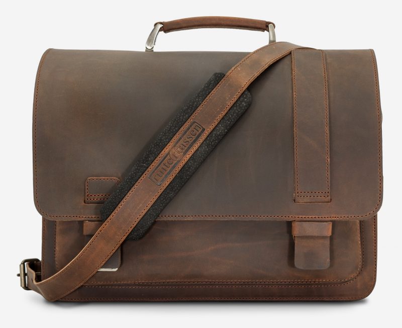 Front view of the vegetable-tanned brown leather satchel briefcase for doctors.