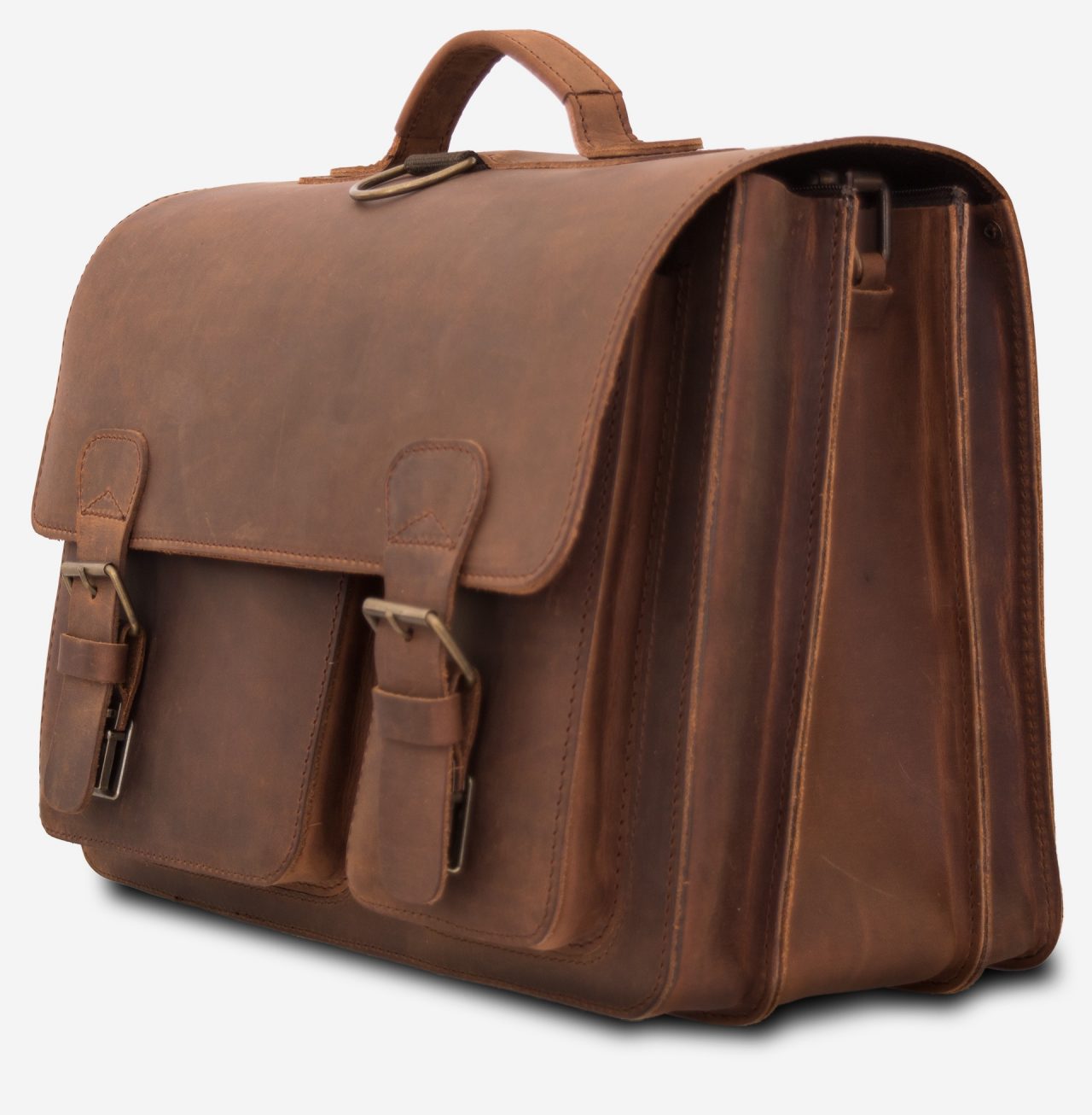 Large brown leather satchel briefcase with 3 compartments and 2 asymmetric front pockets.