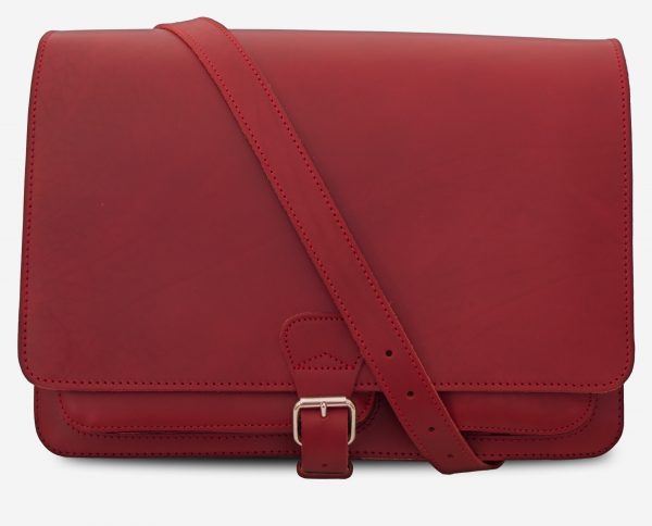 Front view of large red leather messenger bag with 2 gussets and asymmetric front pockets for women - 152537.