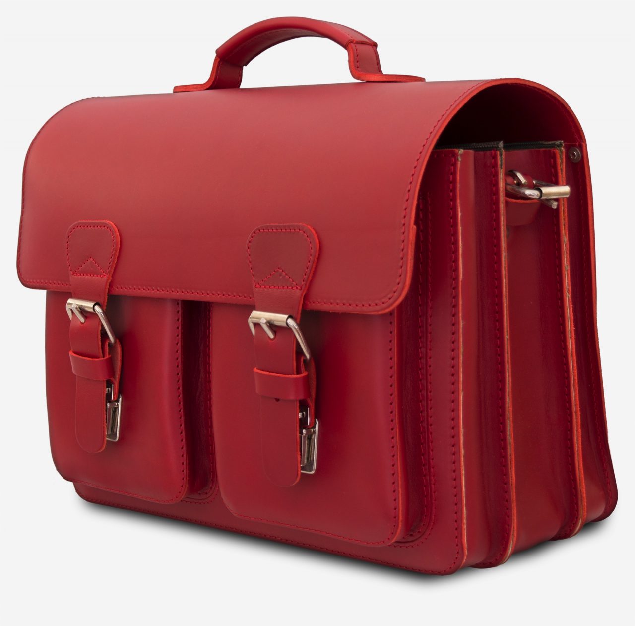 Side view of red leather satchel briefcase bag with 3 gussets and symmetric front pockets for women - 152139.