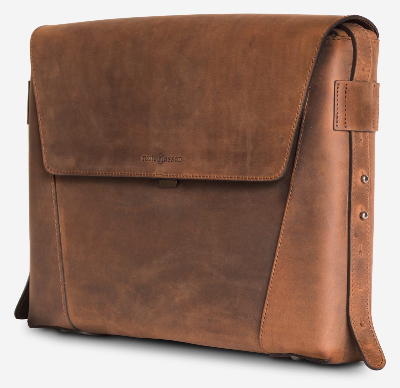 Side view of the slim vegetable-tanned brown leather briefcase bag.