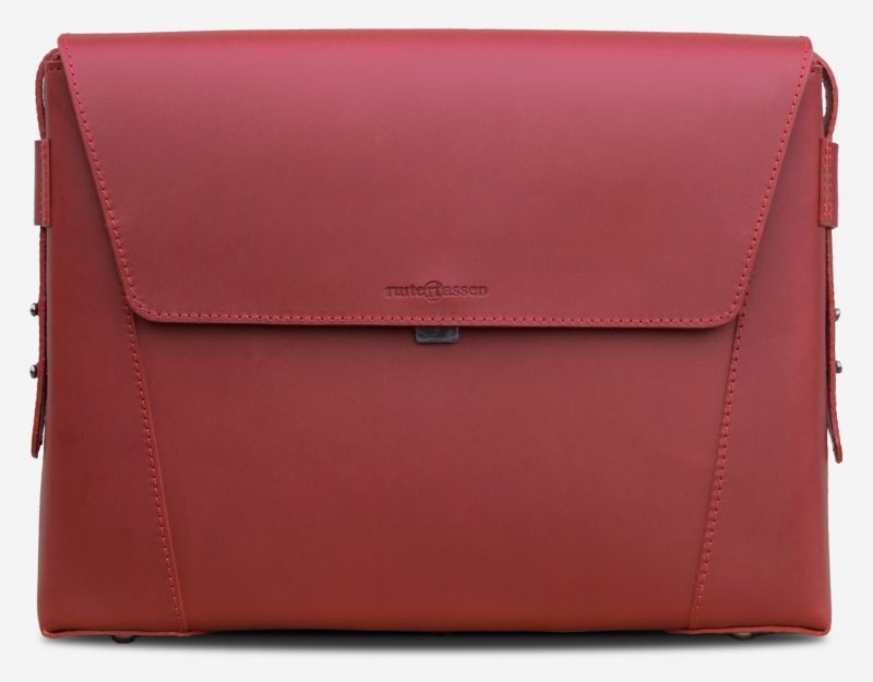 Front view of the slim red vegetable-tanned leather briefcase bag for women.