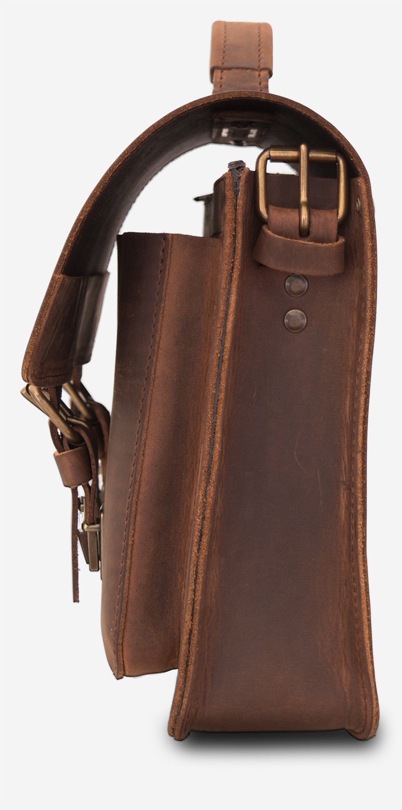 Side view of the brown leather satchel briefcase with one main compartment and two front pockets.