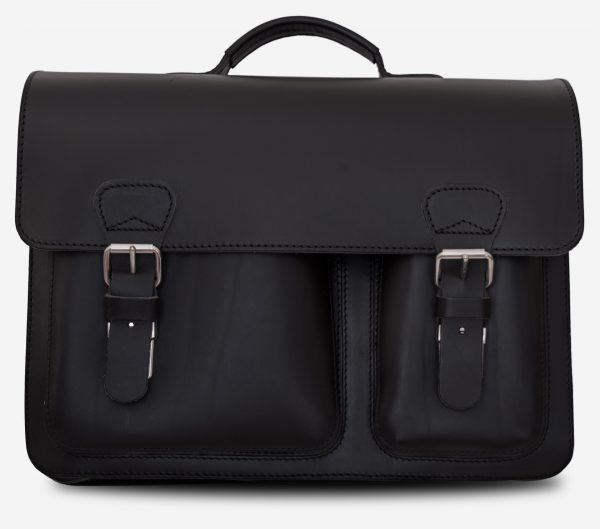 Front view of black leather satchel briefcase with asymmetric front pockets 112137.