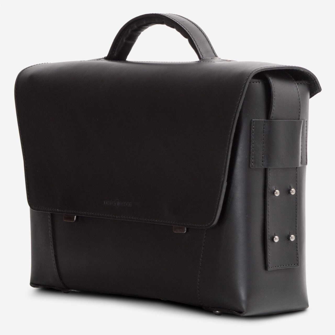 Side view of the black vegetable-tanned leather briefcase bag with laptop pocket.