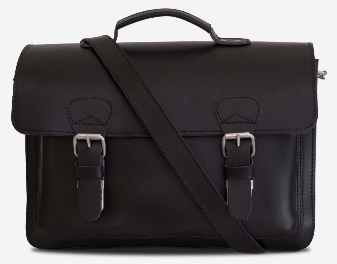 Front view of black leather student satchel with 2 gussets and large front pocket 112140.