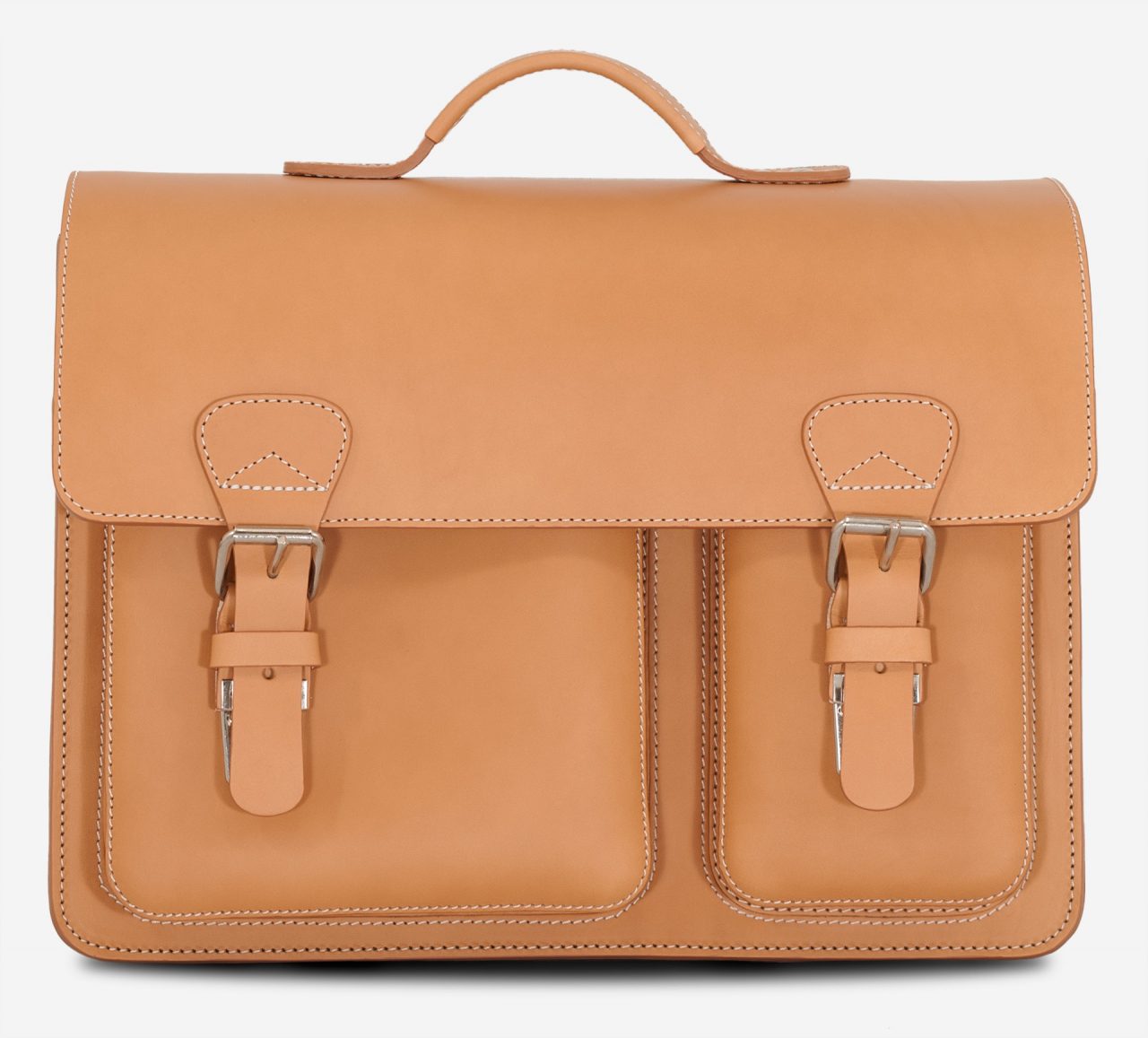 Front view of tan leather satchel briefcase with asymmetric front pockets.