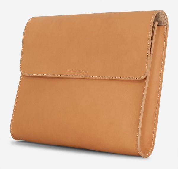 Side view of the tan leather document case.