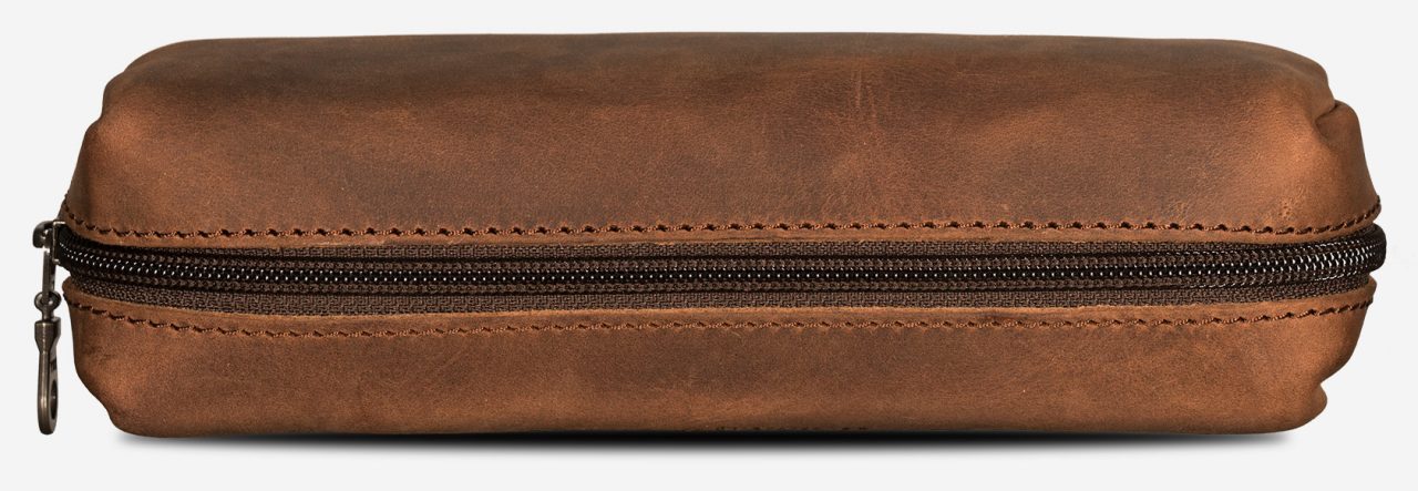 Brown leather pencil bag top view.