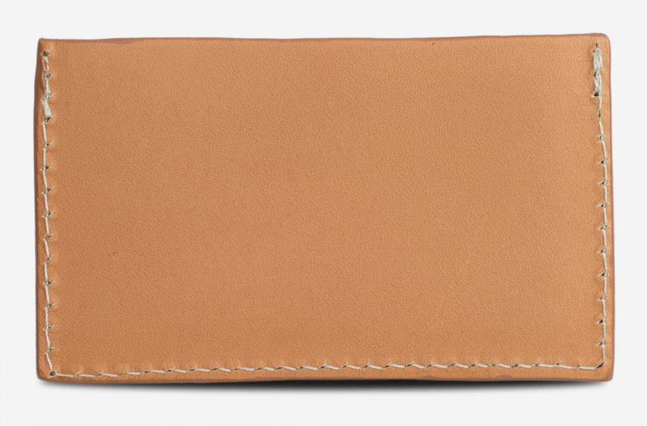 tan leather card holder back view.