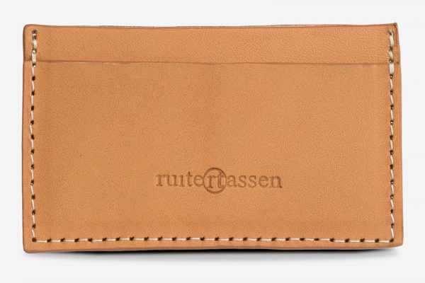 tan leather card holder front view.